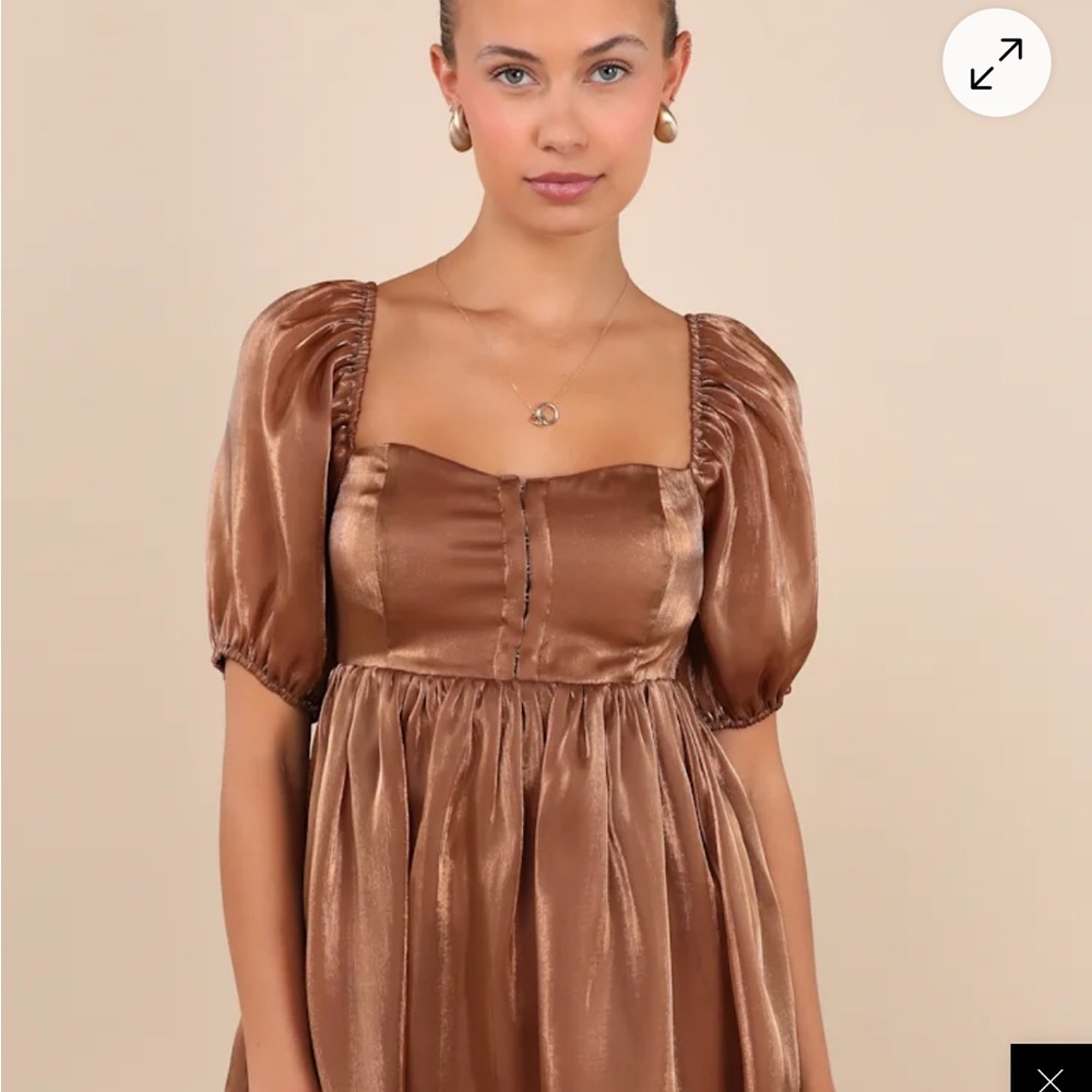 Lulu’s Desired Delight Brown Puff Sleeve Babydoll Mini Dress